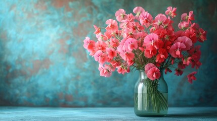  a vase filled with pink flowers sitting on top of a table next to a blue and green wall in front of a blue and teal - green textured background.