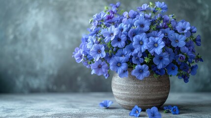 Poster -  a vase filled with blue flowers sitting on top of a white tablecloth next to a gray and black wall and a gray wall behind the vase is filled with blue flowers.