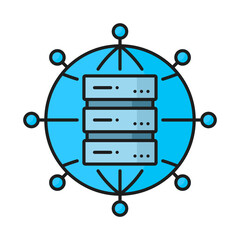 Poster - Database server and data network color icon, internet cloud storage, outline vector symbol. Digital data storage and distribution server for information and files exchange in cloud network, line icon