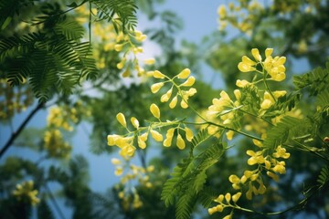Poster - A detailed view of a tree showcasing its vibrant yellow flowers. Perfect for adding a touch of nature and beauty to any project or design
