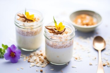 Poster - vegan rice pudding drink in glass, almond flakes on top