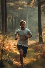 Poster - A young sporty man running in nature at morning. Generative AI.