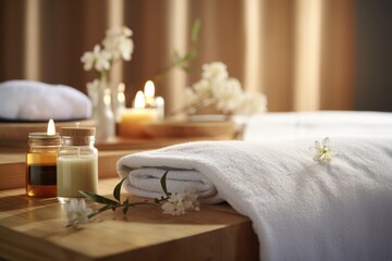 Poster - A wooden table topped with white towels and candles. Perfect for spa and relaxation concepts