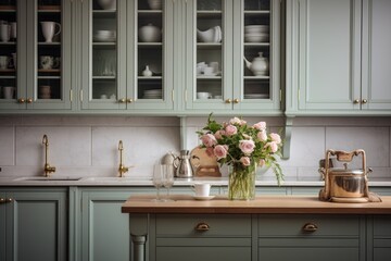Poster - A vase of flowers sitting on top of a kitchen counter. Perfect for adding a touch of color and freshness to any kitchen space