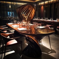Poster - A table set in a restaurant with wine glasses, ready for a delightful dining experience. Perfect for showcasing the ambiance of a fine dining establishment