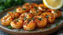  A Close Up Of A Plate Of Shrimp On A Plate With A Lemon Wedge And Parsley On The Side Of The Plate And A Lemon Wedge On The Side Of The Plate.