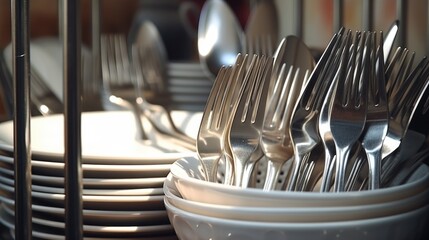 Poster - A collection of forks and spoons arranged neatly in a bowl. Perfect for kitchen utensil themes or cooking-related designs