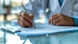© visoot - Doctor writing survey test result and research in a hospital, Document and script for patient records. Generative AI.