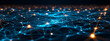 Blue network mesh with vibrant connections in darkness.
