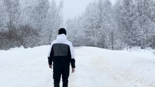 A Young Man Walking In On A Snow-covered Road, Trees Covered With Snow, Winter, Russia, Smolensk Region