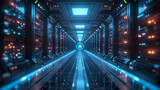 Fototapeta Most - Futuristic super computing server room with large servers, wires and buttons. Data storage, cloud storage, mining farm, Generative AI