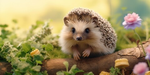 Poster - A small hedge sitting on top of a log. Perfect for nature-themed designs or illustrations