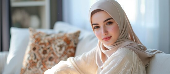 Sticker - A stylish Muslim bride in a hijab sitting on a sofa at home, captured in a high-quality photo.