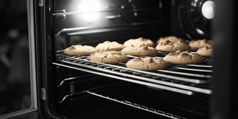 Poster - A black and white photo capturing the process of cookies baking in an oven. Perfect for illustrating the art of baking and creating delicious treats.