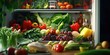 A refrigerator filled with an assortment of fresh fruits and vegetables. Ideal for healthy eating and nutrition-themed projects