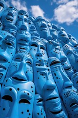 Poster - A large pile of blue masks with various faces. Perfect for masquerade parties or theatrical performances
