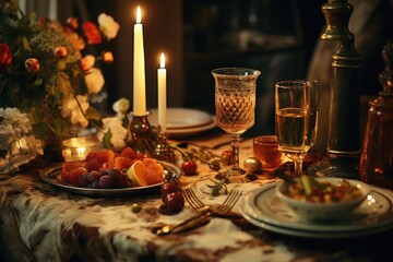 Poster - A table with a plate of fresh and colorful fruits alongside a lit candle. Perfect for adding a touch of elegance and freshness to any occasion