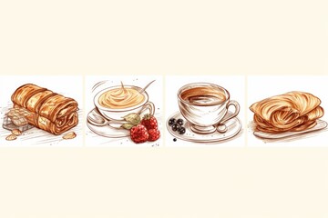 Poster - A drawing of a cup of coffee and croissants. Perfect for coffee shop menus or breakfast-themed designs