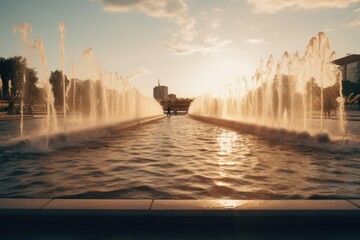 Poster - A picture of a large fountain with water shooting up into the air. Perfect for adding a touch of elegance and relaxation to any design or project