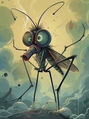 Funny cartoon illustration of a mosquito soldier wearing gas mask protection against insecticide attack, fun insect army fighting on the battlefield, pesticide used against mosquitoes and pest