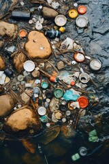 Aufkleber - Trash debris floating on the surface of a river. Suitable for environmental awareness campaigns and pollution-related topics