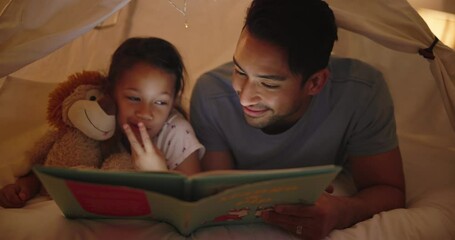 Sticker - Father, daughter or reading a book in tent or bonding together for child development in home. Man, girl or relax indoor at night for fairytale storytelling, love or excited to learn in house in care