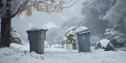 Poster - Snow-covered trash cans in a winter scene. Can be used to depict cleanliness, waste management, or the impact of weather conditions on everyday life