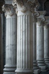 Poster - A row of white columns with a clock on top. Suitable for architectural themes and time management concepts