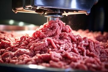 Aufkleber - A machine processing a pile of ground beef. Suitable for food industry and meat processing illustrations