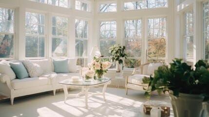 Poster - A bright and airy living room filled with stylish furniture and flooded with natural light. Perfect for showcasing a modern and inviting home interior.