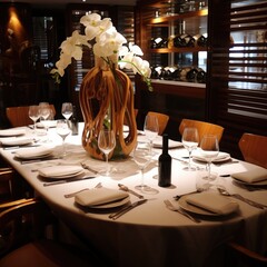 Poster - A picture of a table set with a vase of flowers and wine glasses. This versatile image can be used for various occasions and settings