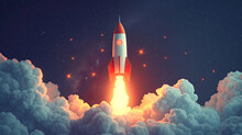 3D Rocket Launching On A Blue Background Symbolizing A Startup Business Concept With A Spaceship Icon.Generative AI