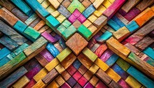 Colorful Woven Fabric, Kaleidoscope Of Diversity With A Background Of Wooden Blocks In A Spectrum Of Colors, Capturing The Essence, Abstract Colorful Background