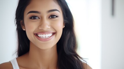 Poster - A woman with long black hair smiling at the camera. Perfect for a variety of uses