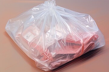 Poster - A plastic bag filled with clothes placed on top of a wooden table. Suitable for fashion, laundry, or storage concepts