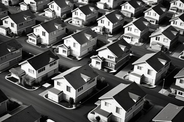 Poster - A black and white photo depicting a cluster of houses. Suitable for various uses