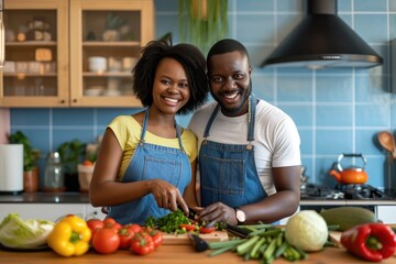 Wall Mural - Portrait of a smiling young African couple standing together at a kitchen island at home and chopping vegetables for a healthy lunch 