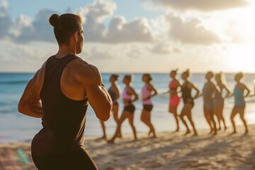 Poster - fitness instructor leading beachfront class