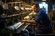 Portrait of a skilled worker operating a spinning machine amidst the symphony of a bustling textile mill