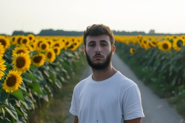 Poster - portrait with sunflowers lining the background