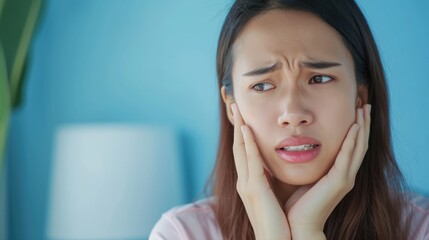 Asian beautiful woman feel terrible toothache after drink cold water. Attractive female sit on sofa in living room touching cheek, feel hurt and suffering from sensitive tooth ache, pain and cavities.