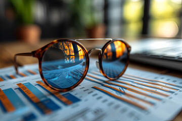 Poster - Financial charts, graphs, pen with round glasses and calculator.