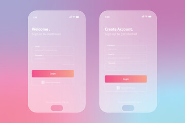 Glass effect login page. Mobile app login and signup UI concept. Free Vector. Facebook, Instagram login page.