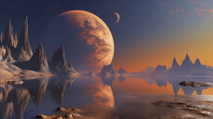 Canvas Print - Sci-Fi Scene with a Majestic Alien Planet and Icy Landscape at Twilight