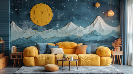 Wall Mural - Cozy living room with a yellow sofa, modern decor, and a wall mural of mountains under a starry sky with a full moon.
