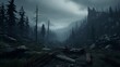 A mystical and somber forest landscape enveloped in fog, with fallen trees and a dark, brooding atmosphere.