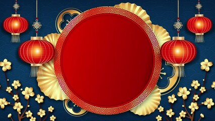 Wall Mural - chinese lunar new year background with oriental style decoration and empty rotating red circle frame