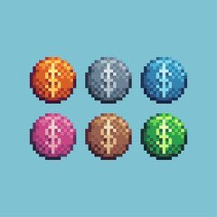 Fototapete - Pixel art sets icon of dollar coin variation color.Dollar coin icon on pixelated style. 8bits perfect for game asset or design asset element for your game design. Simple pixel art icon asset.
