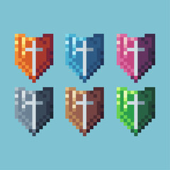 Poster - Pixel art sets icon of shield variation color.Gold shield icon on pixelated style. 8bits perfect for game asset or design asset element for your game design. Simple pixel art icon asset.