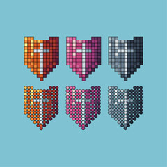 Fototapete - Pixel art stroke sets icon of shield variation color.Gold shield icon on pixelated style. 8bits perfect for game asset or design asset element for your game design. Simple pixel art icon asset.